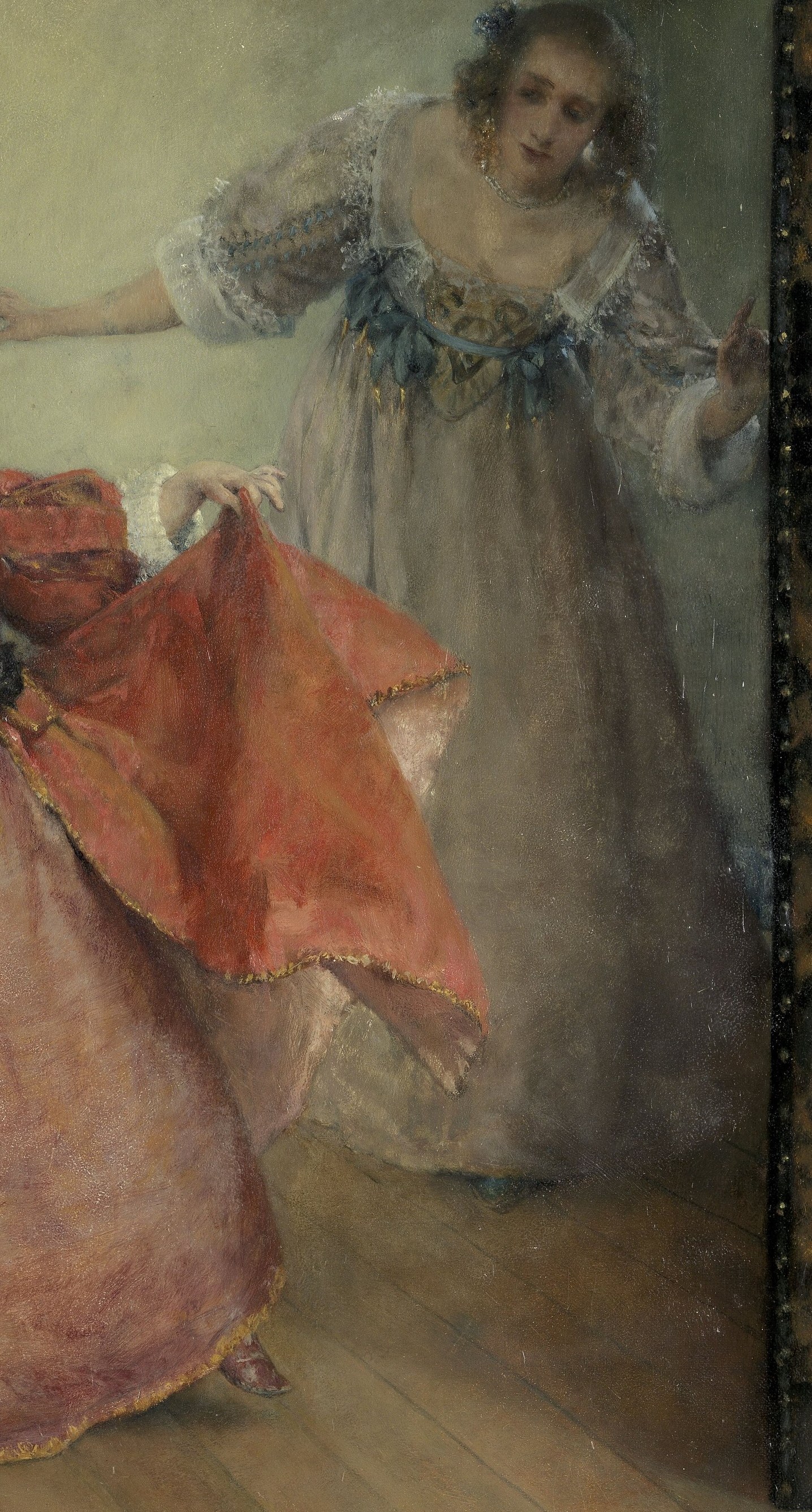 Her teacher, a poised woman, guides her with an outstretched hand.