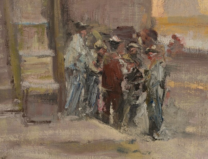A group of people gathered on the left bank, their interactions hinting at everyday life and social connection.