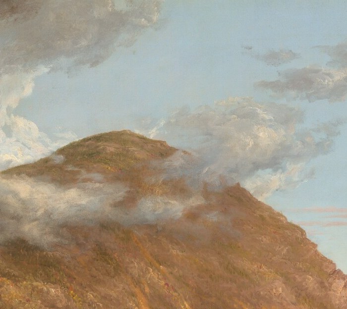 The entire painting is organized around this dramatic gap; the eye is pulled through it into a luminous, pale sky beyond, making it the compositional heart of the work.