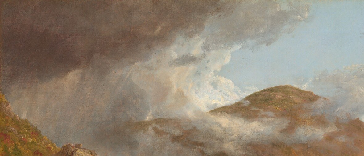 The roiling cloud formation contrasts with the calm glow at the notch, dramatizing the unpredictability of wilderness weather , a classic Cole device for conveying nature's power.