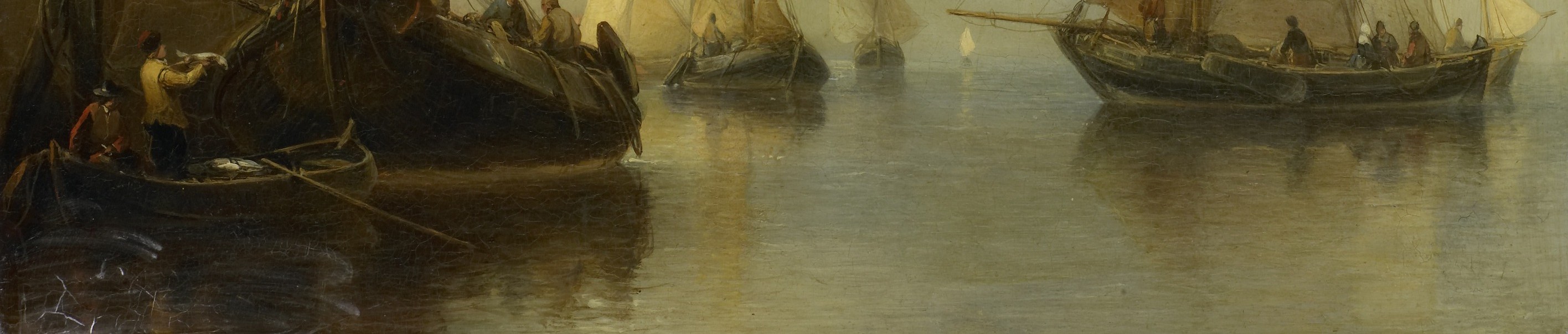 The stillness of the water is a key element, reflecting the boats and sky, creating a mood of peace.