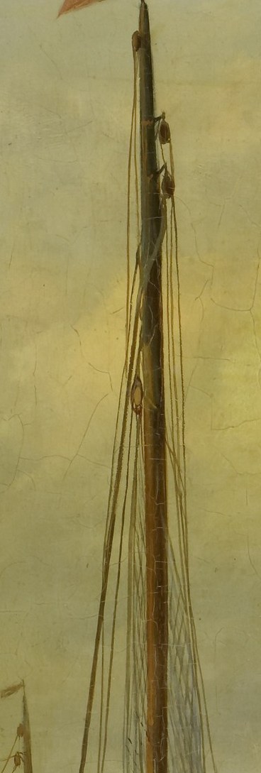 The verticality of the mast contrasts with the horizontal water and sky, and the flag adds a touch of national identity.