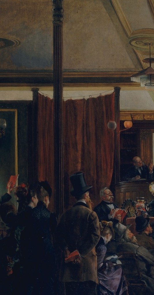 At the front, an artwork faces the crowd. But you cannot see what it shows.