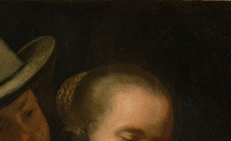 Partially shadowed under a broad white-feathered hat, his expression is attentive and possessive , a contrast between his obscured face and assertive gesture.