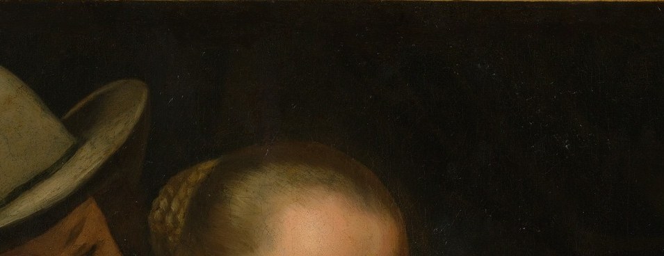 The oversized plumed hat signals aristocratic status and male authority; its light color draws the eye immediately into the upper composition.