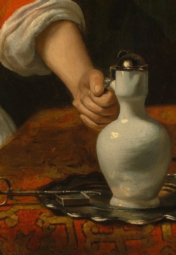 A pristine white jug often symbolizes female purity or household virtue in Dutch genre painting , placed at the edge of the table, it may be in tension with the cavalier's approach.