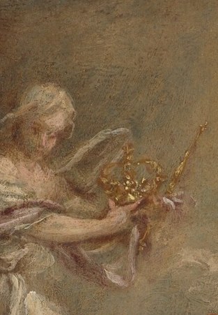 An angel holds the crown of heaven.