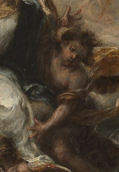 Angels surround her, a celestial escort.