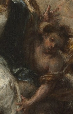 His rich white drapery emphasizes her radiance.