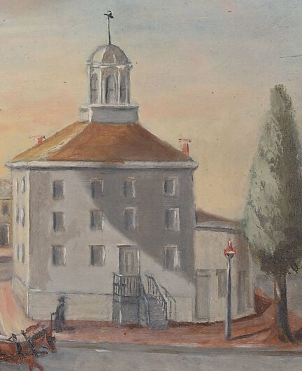 The most architecturally prominent landmark , its dome suggests a market hall or civic building, grounding the scene in specific 1870s New York urban geography