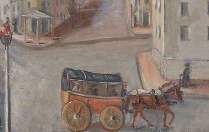 The wagon anchors the 1870s street commerce context; its warm yellow pops against the muted street and draws the eye to mid-ground activity