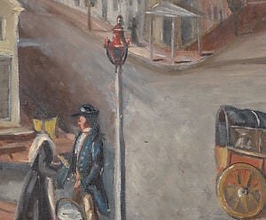 The animal adds life and movement to an otherwise static street scene; its dark silhouette creates contrast against pale road surface