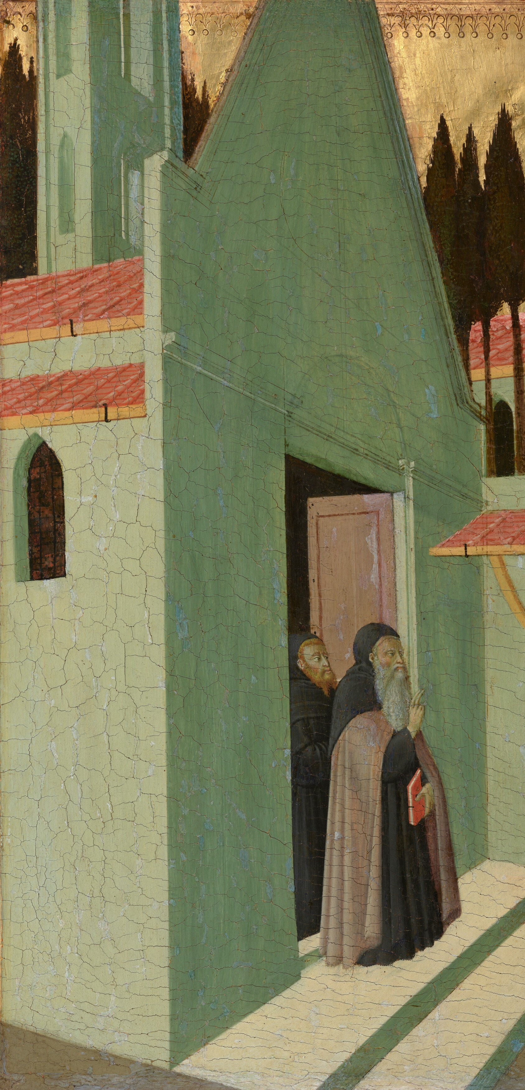 An unusually bold, nearly abstract color field for c. 1432; the saturated green reads as both architectural reality and symbolic enclosure the saint is escaping.