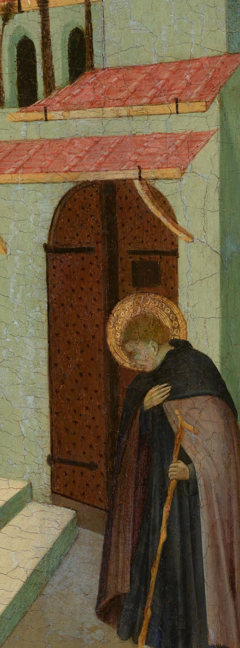 The pivot of the narrative , his body language (turning slightly back, or striding forward) encodes the spiritual tension between community and solitude.