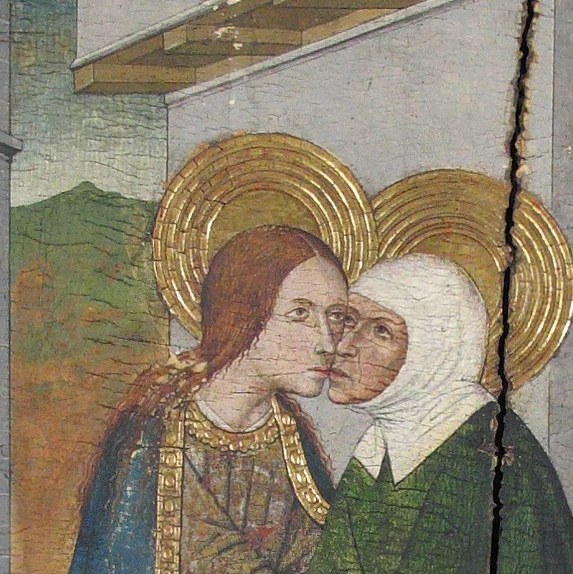 Mary's downward gaze and serene expression communicate humility and inner knowing , a face carrying the weight of the Annunciation still fresh.
