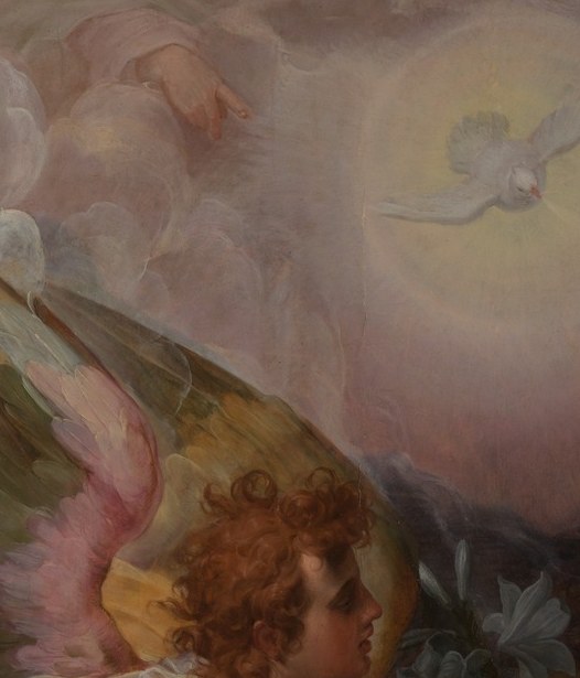 The angel's expression conveys earnest solemnity; the downward tilt and steady gaze communicate the gravity of the annunciation moment.