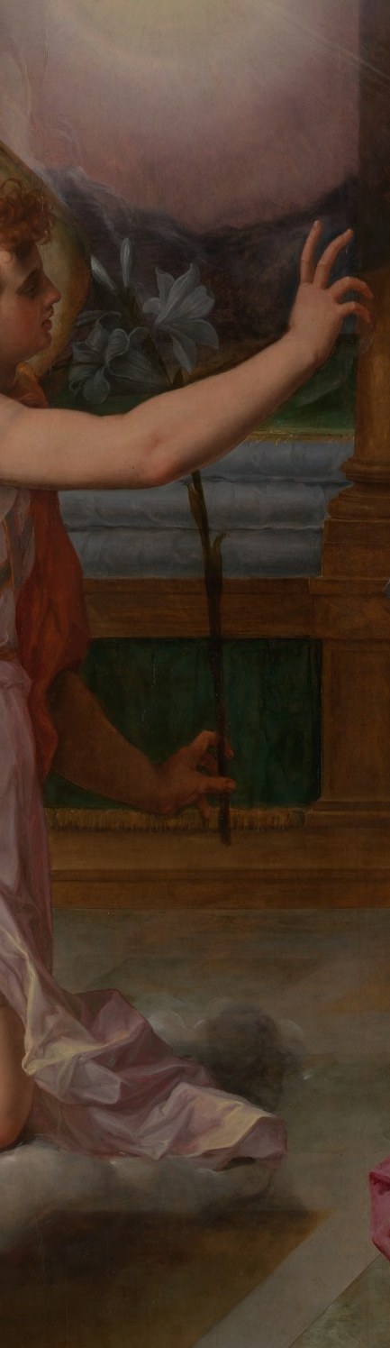 Gabriel holds a golden scepter, a symbol of divine authority.