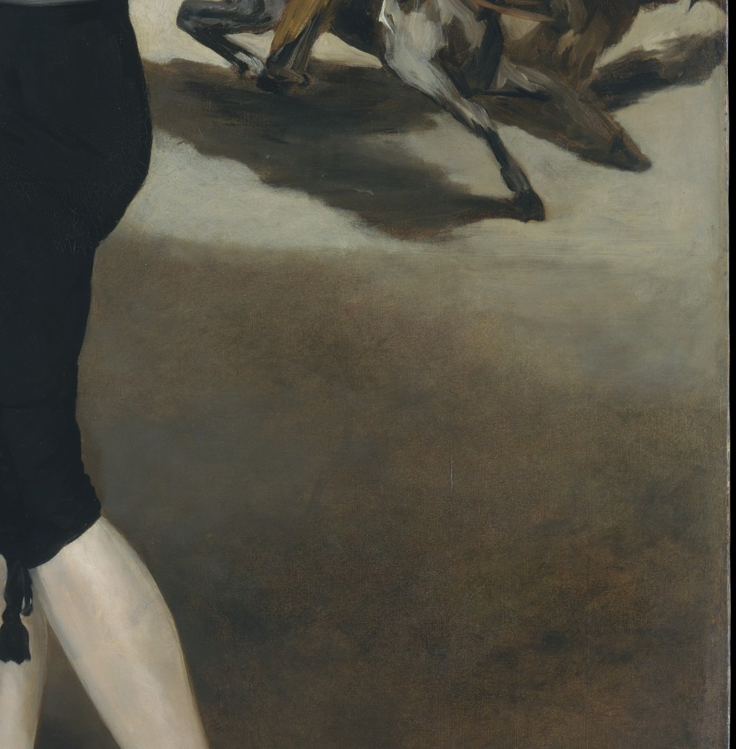 A tiny arena tableau behind the life-size figure; the scale disconnect mocks spatial convention and shows the scene is a stage, not reality.