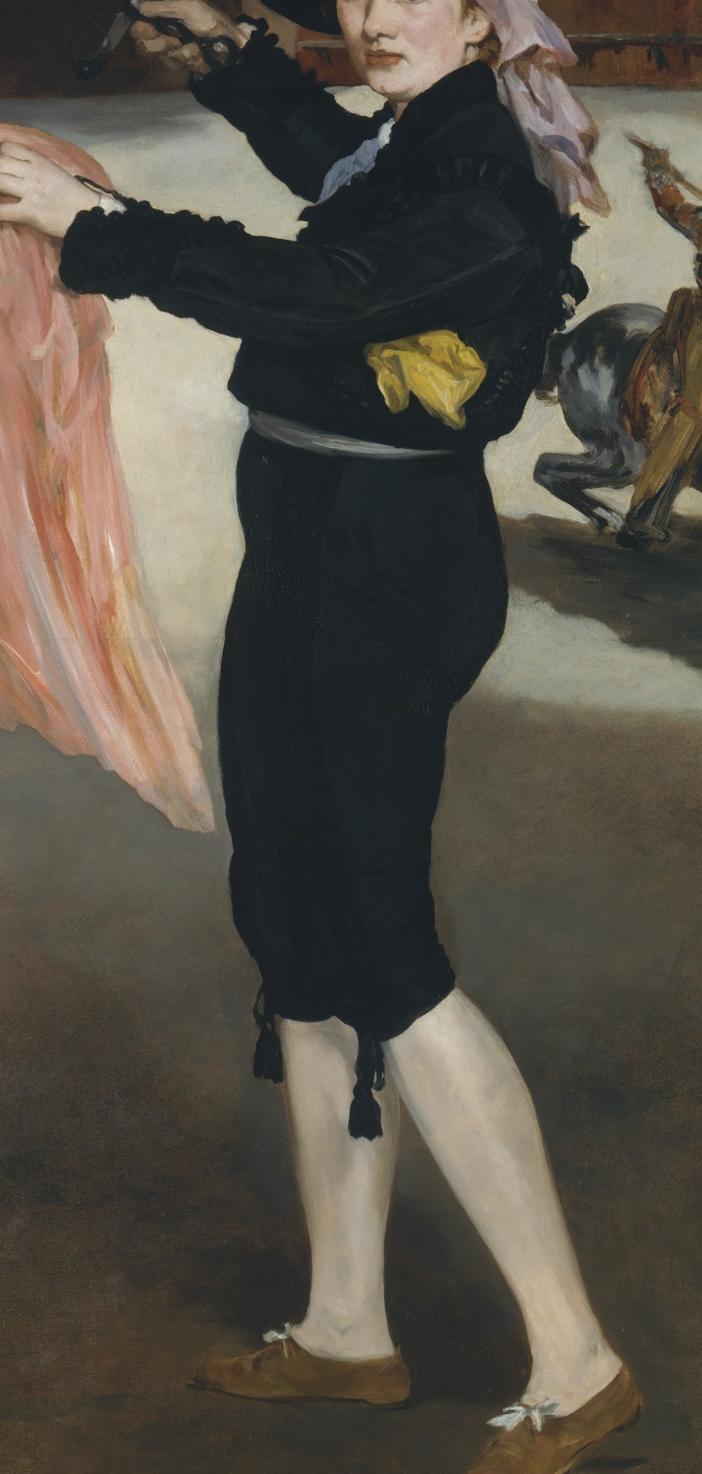 The stark black silhouette is handled as a near-flat shape, anticipating Japonisme and showing Manet's debt to Velázquez's dark court dress.