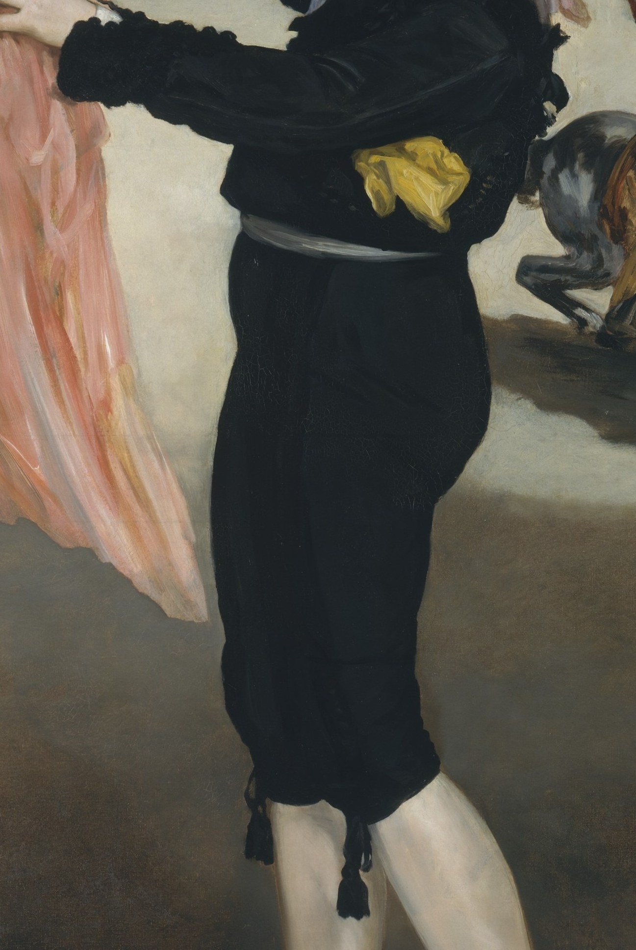 The cape's warm blush dominates the palette; Manet's loose, unblended strokes make the fabric feel simultaneously solid and ephemeral.