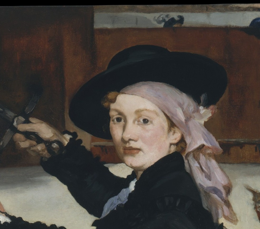 Her frontal, unapologetic stare breaks fourth wall , a hallmark of Manet's challenge to academic convention; she looks at us, not the bull.