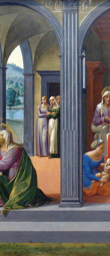 The central column pair physically and conceptually separates the Visitation from the Nativity of John; the architecture is a storytelling tool, not mere decoration
