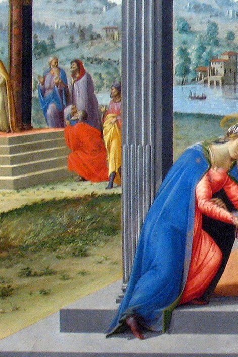 Her rich ultramarine drapery pulls the eye and anchors the coloristic hierarchy of the whole panel; the fall of fabric shows Granacci's skill with cloth volume