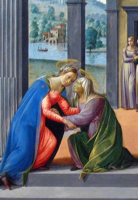 The warm red creates a complementary contrast with the blue figure, and her inclined head conveys humility or reverence