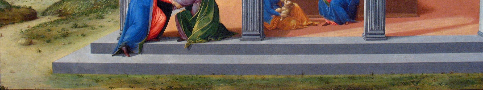 The perspective grid of the floor demonstrates Renaissance interest in mathematical space; the receding tiles unify the two scenes under a single spatial system