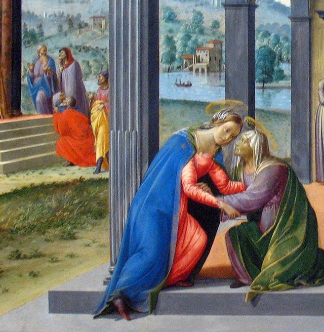 The emotional heart of the left panel , Mary and Elizabeth (or their analogs) clasping each other communicates divine recognition through bodily contact, a gesture rare in sacred narrative painting