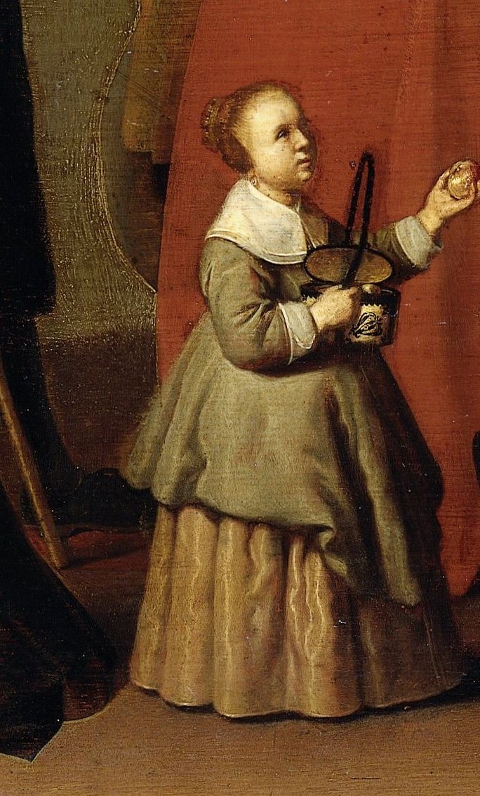 Her attentive pose and the basket suggest a role in household duties or play, adding to the domestic scene.