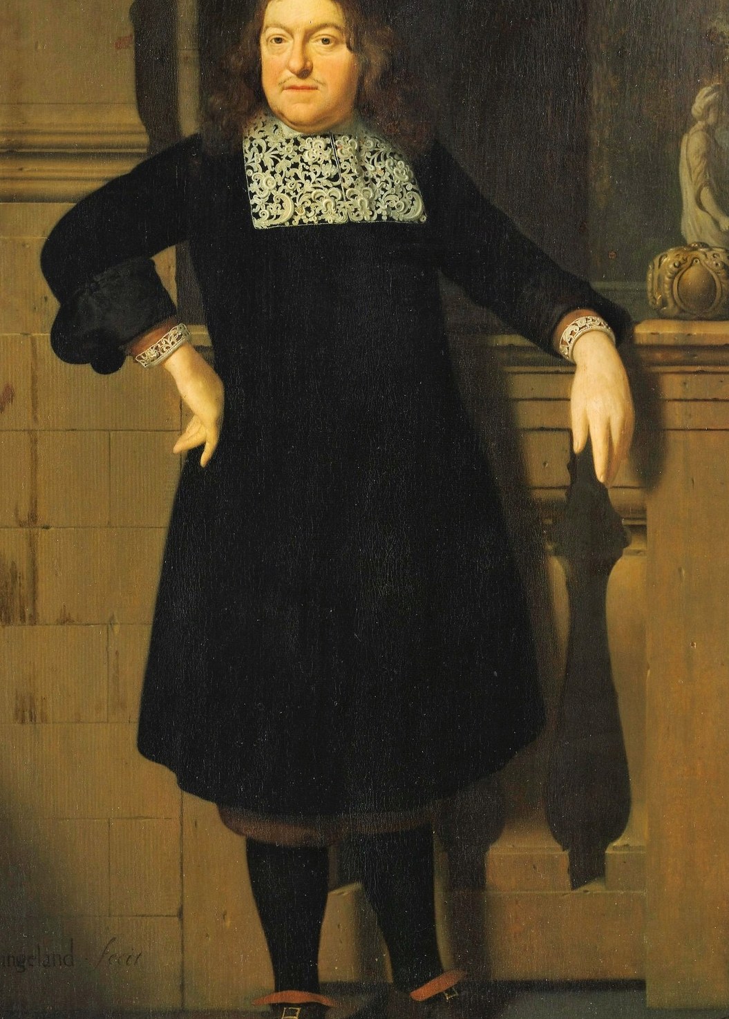 The unrelieved blackness is Calvinist Dutch restraint made sartorial; the painter uses it as a foil to make the lace and face glow.