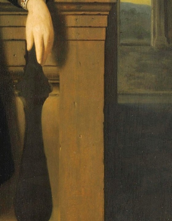 A standard Dutch portrait prop, but here it marks the boundary between interior dignity and the landscape beyond , a threshold object.
