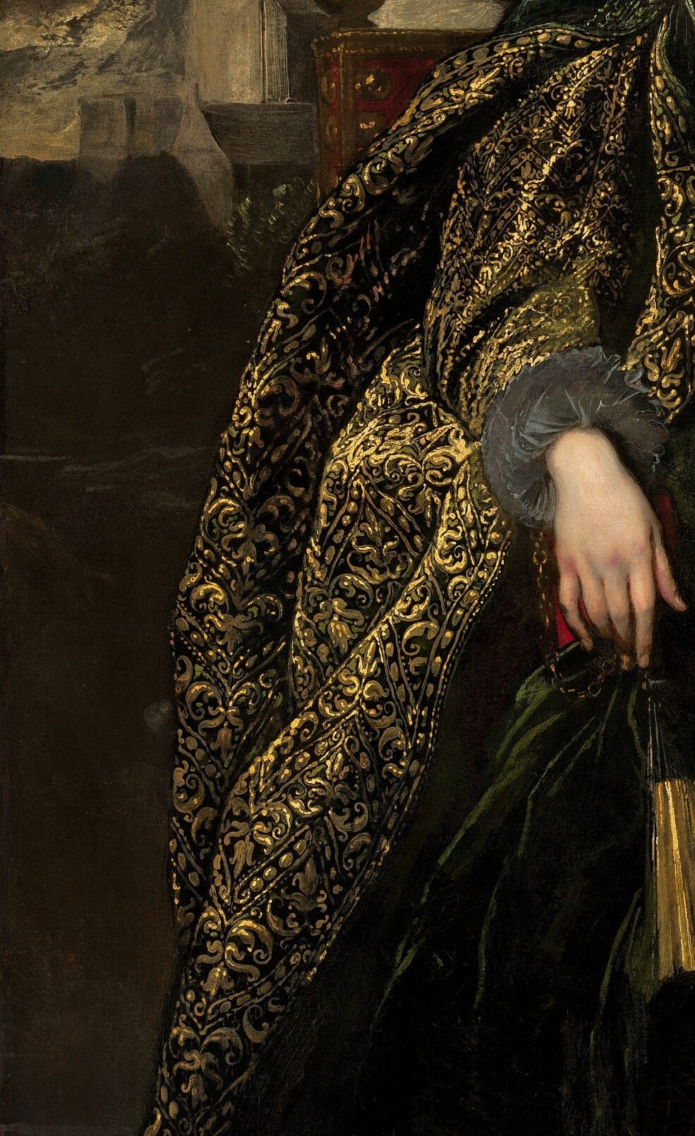 Van Dyck painted the complex fabric texture with virtuoso skill.