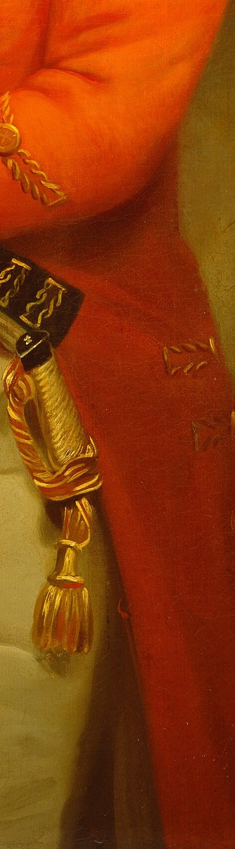 He holds a walking stick, a common symbol of authority in portraits.