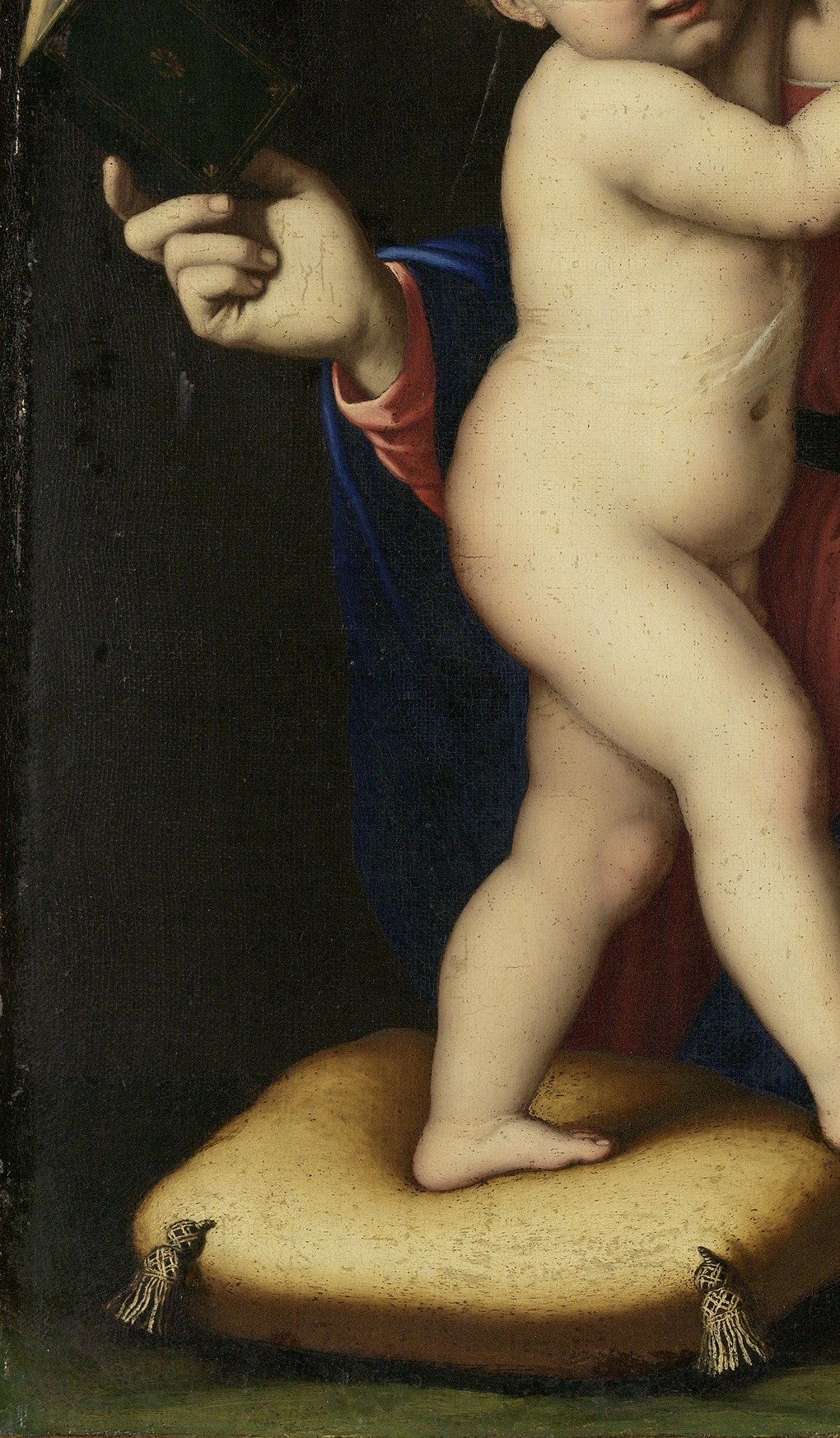 Lapis-lazuli blue was the most costly pigment available; the heavy folds show Sassoferrato's ability to model volume through cool-to-warm tonal shifts , a virtuoso cloth passage.