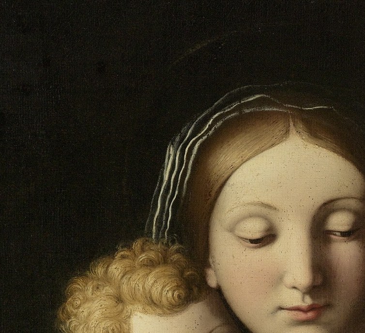 The child's gaze breaks the closed mother-child circuit and draws the devotional viewer in, a calculated compositional decision from the Raphaelesque source.