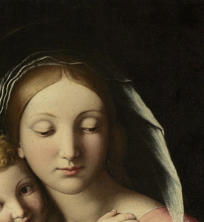 The defining emotional core of the work , Sassoferrato's hallmark smooth, almost porcelain skin and lidded gaze convey tender maternal devotion without sentimentality.