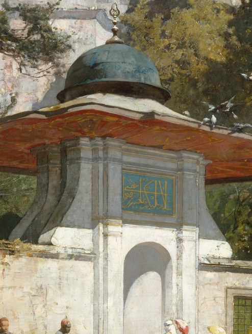 They walk toward the fountain to wash before prayer.