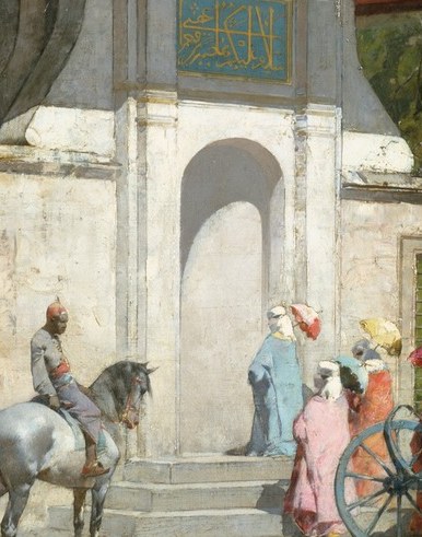 Look at the white-robed figures: passing through the stone arch.