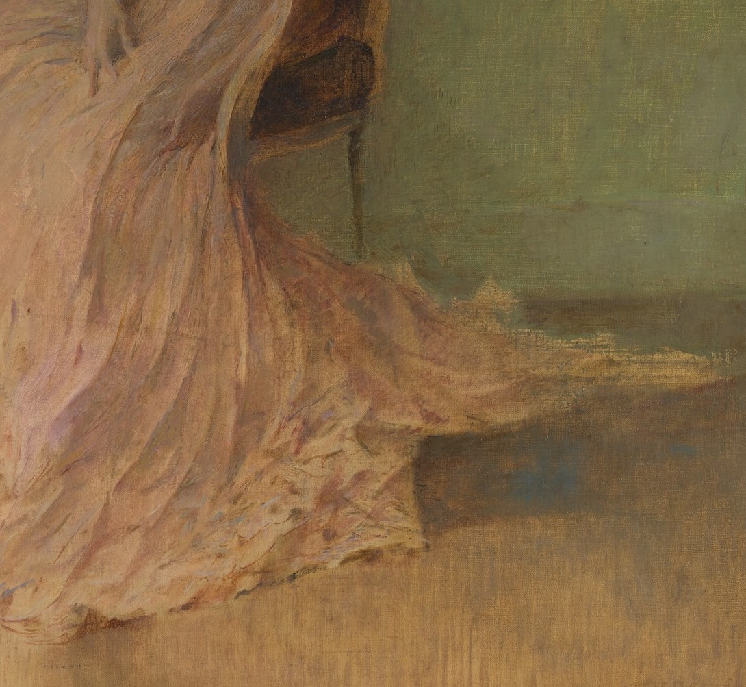 She wears a flowing lilac dress, in soft, dreamlike brushstrokes.