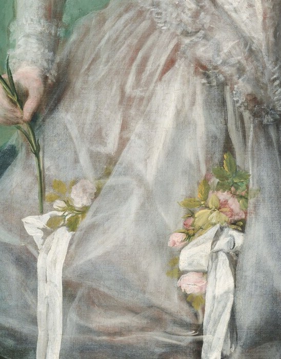 Notice her closed fan. In the gesture language of the era, that signaled decorum.