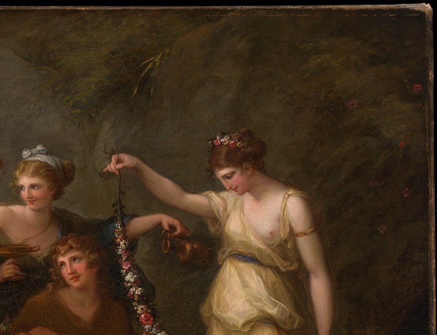The open sea from which Telemachus was shipwrecked is visible over his shoulder, the world he cannot return to, visually trapping him between the nymphs in front and the unreachable horizon behind.