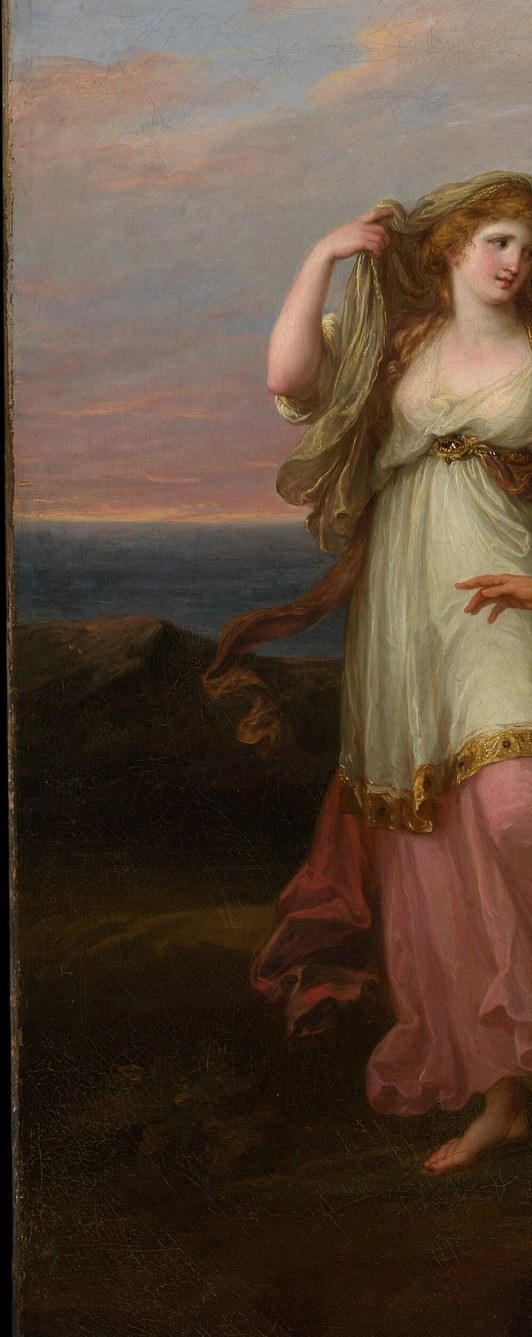 Her back-turned posture pulls the viewer's eye into the group rather than out of the frame, Kauffmann uses her as a bracketing device that encircles Telemachus within the nymphs' world.