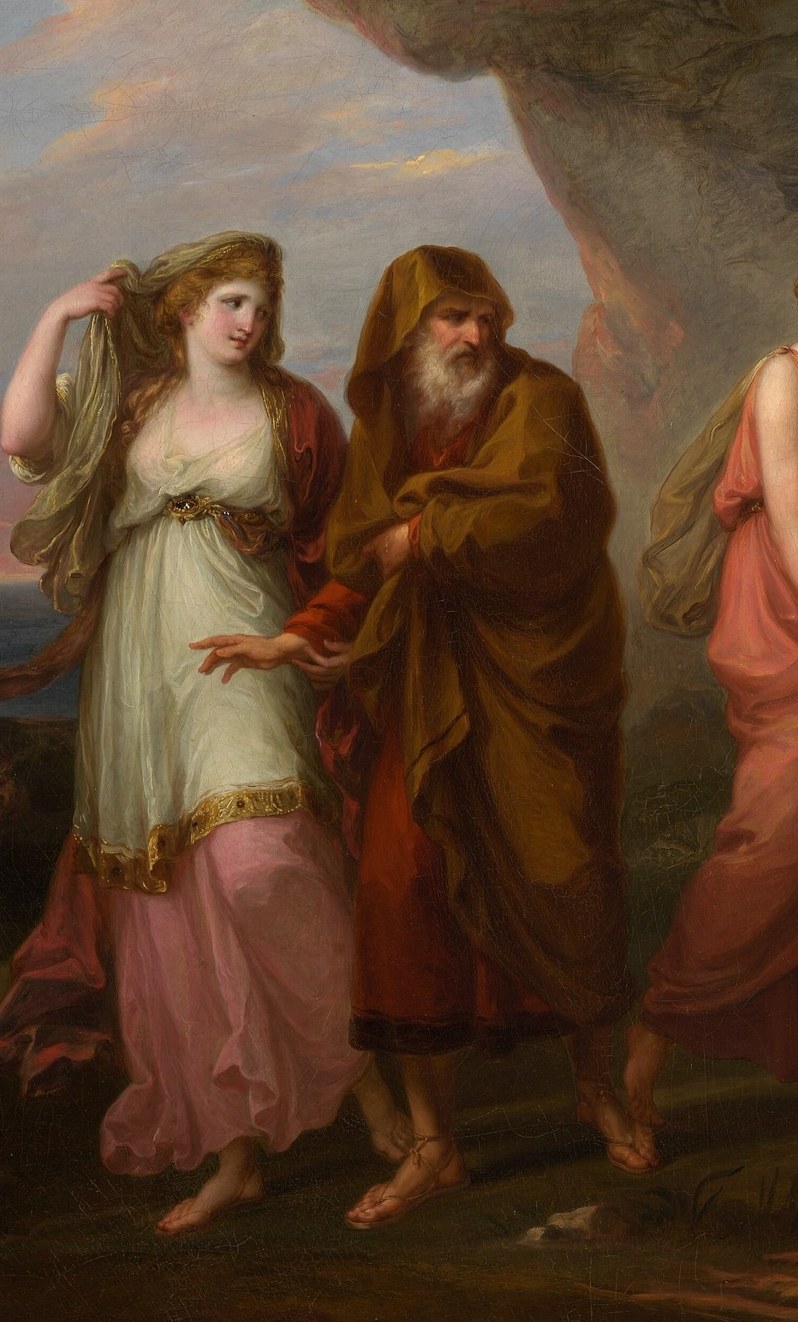 The compositional pivot of the painting: her extended arm bridges the world of the nymphs and Telemachus, a gesture simultaneously of welcome and of soft coercion.