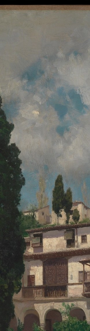 The vertical spine of the composition , a classically Andalusian/Mediterranean presence that signals southern Spanish garden tradition