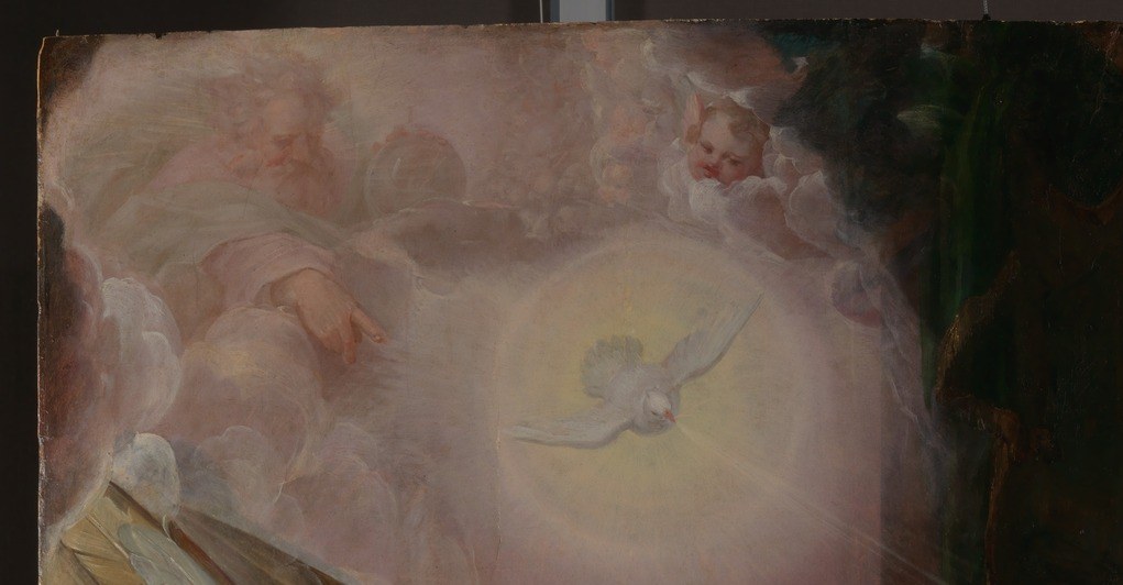 Candid dissolves the boundary between heaven and earth here; the light floods downward and bleaches the upper canvas, a Mannerist device for indicating the supernatural.