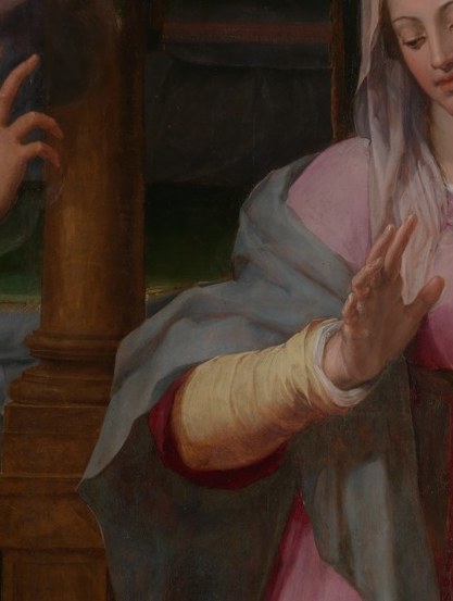 Mary raises her hand, mirroring his, in a gesture of acceptance.
