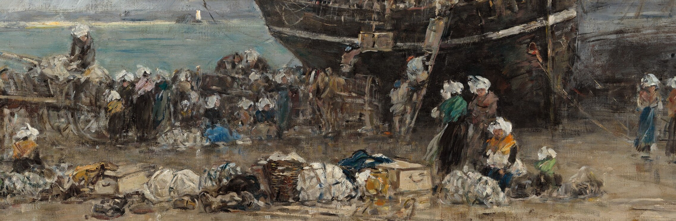 Shows the human element of the port, with figures engaged in unloading and activity.