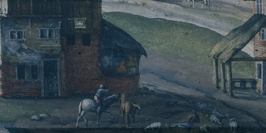 Her small figure is lost in the teeming scene.